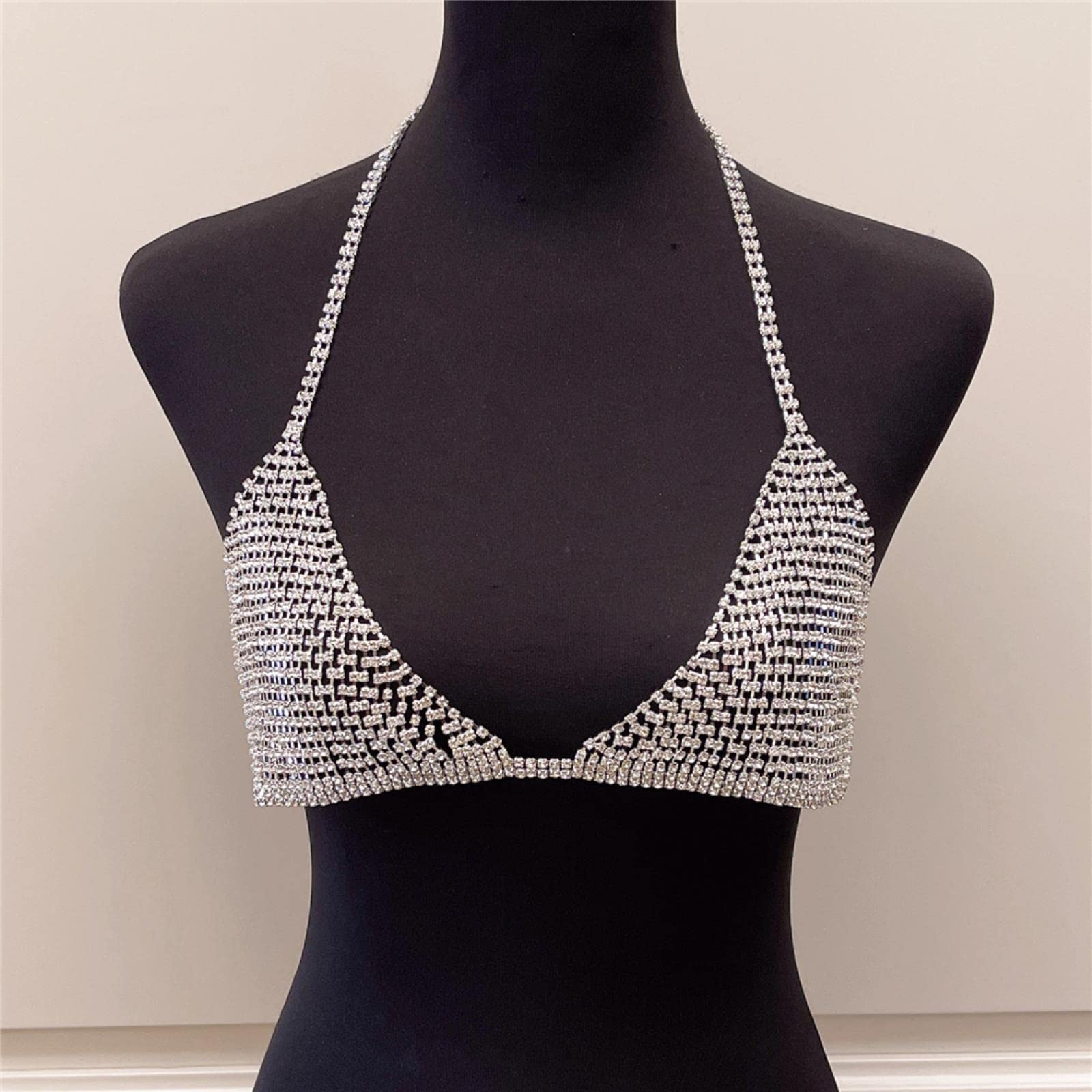 RWRAPS Donne Sexy Strass Corpo Catena Reggiseno Intrecciato Catena Lucido Cristallo Bikini Reggiseno Partito Discoteca Biancheria Intima Accessori Gioielli (Argento Placcato)