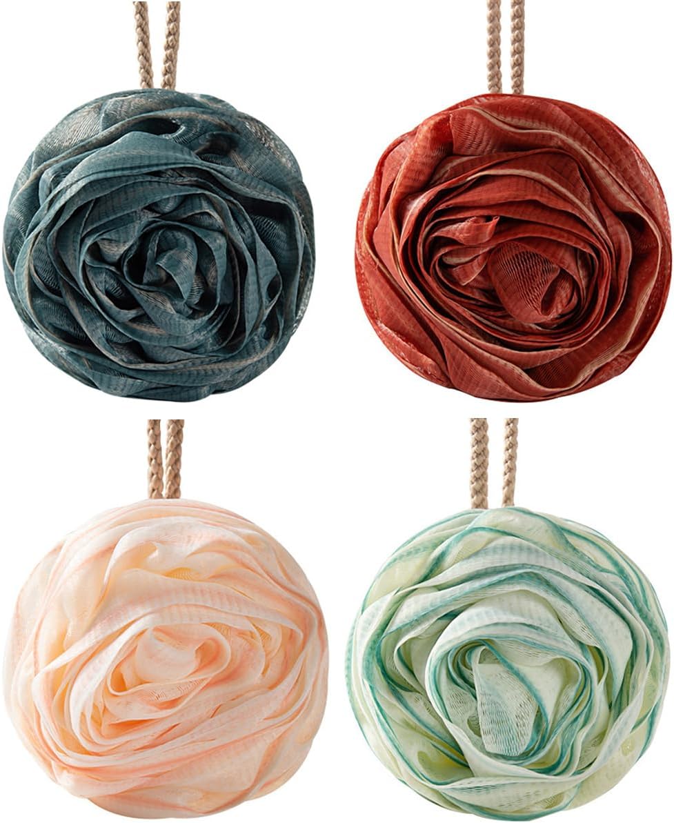 ECVV Large Bath Sponge Pouf Loofahs 4 Packs 70g/Pcs Rose Friendly Exfoliating Mesh Brush Shower Ball Exfoliate, Body Scrubber, Cleanse, Soothe Skin Bathroom Accessories Men Women Wash Cleaning