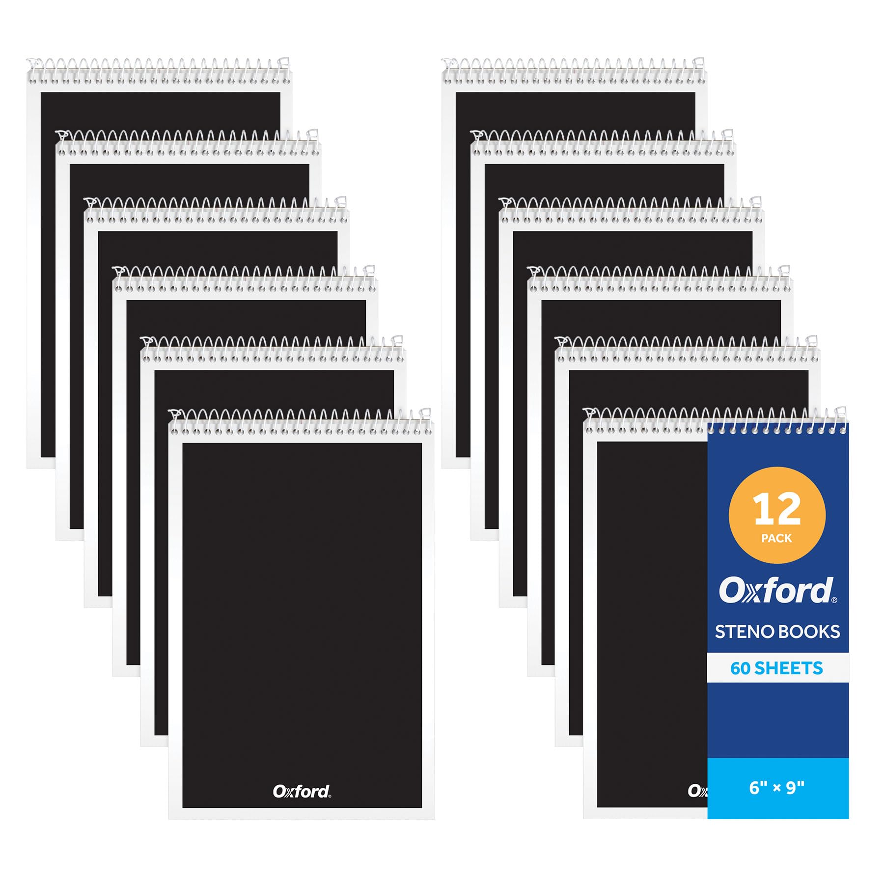 Oxford Steno - Confezione da 12 blocchetti con copertina nera, 15,2 x 22,9 cm, 120 pagine, 60 fogli, fogli a spirale superiori, carta bianca a righe Gregg, set di blocchi compatti per appunti