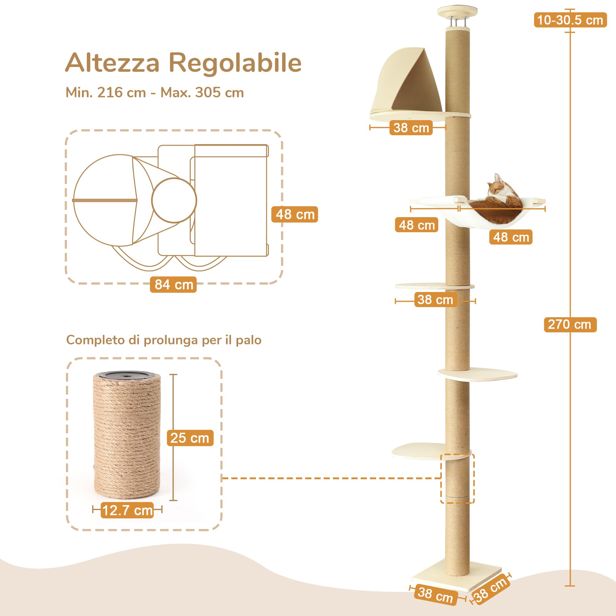 FUKUMARU Albero Tiragraffi per Gatti al Soffitto, 6 Livelli Altezza Regolabile (1.8-3 m),Torre Arrampicata con Palo Tiragraffi Rinforzati, Centro Attività con Tenda e Amaca Morbida per Gatti. Beige