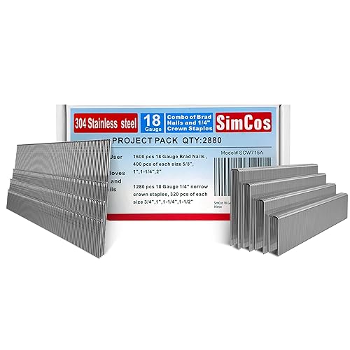 Grapas Norrow Crown de acero inoxidable 304 calibre 18 de 1/4 pulgadas (3/4 "~ 1 1/2 pulgadas) y clavos Brad (5/8 "~ 2 pulgadas), 2880 clavos y