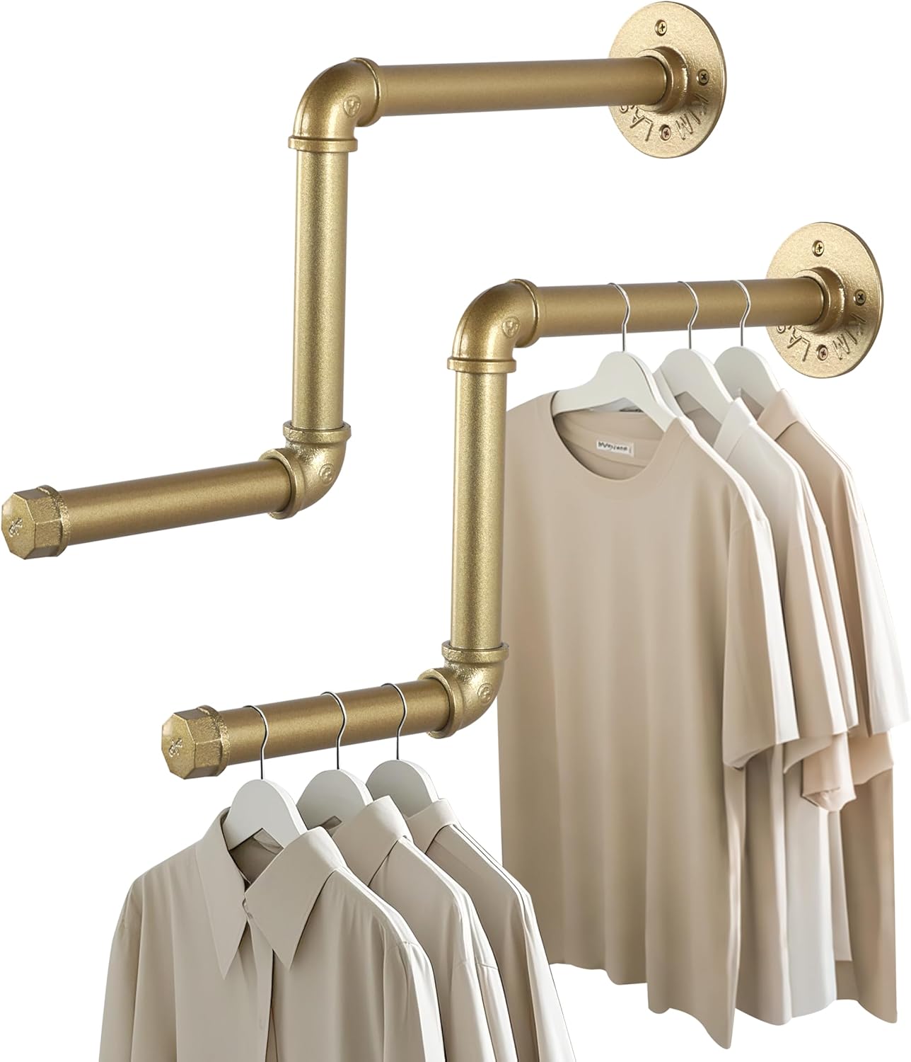 AddGrace Gold Industrial Pipe Clothing Rack 2 Pack Wall Mounted Clothes Rack for Hanging Clothes 18Inch Detachable Garment Bar for Bedroom Bathroom and Laundry Room 46cm