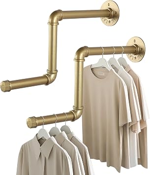 AddGrace Gold Industrial Pipe Clothing Rack 2 Pack Wall Mounted Clothes Rack for Hanging Clothes 18Inch Detachable Garment Bar for Bedroom Bathroom and Laundry Room 46cm