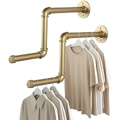 AddGrace Gold Industrial Pipe Clothing Rack 2 Pack Wall Mounted Clothes Rack for Hanging Clothes 18Inch Detachable Garment