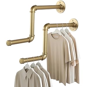 AddGrace Gold Industrial Pipe Clothing Rack 2 Pack Wall Mounted Clothes Rack for Hanging Clothes 18Inch Detachable Garment