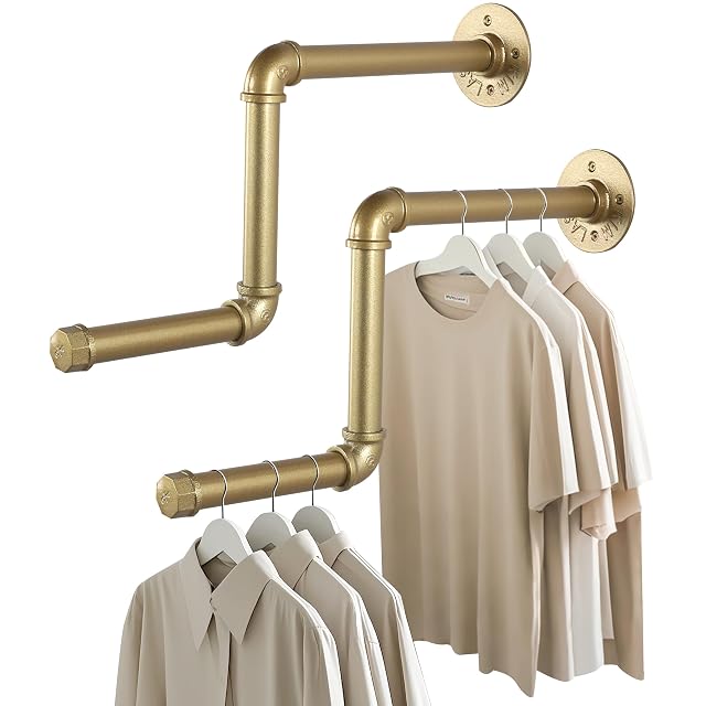 AddGrace Gold Industrial Pipe Clothing Rack 2 Pack Wall Mounted Clothes Rack for Hanging Clothes 18Inch Detachable Garment
