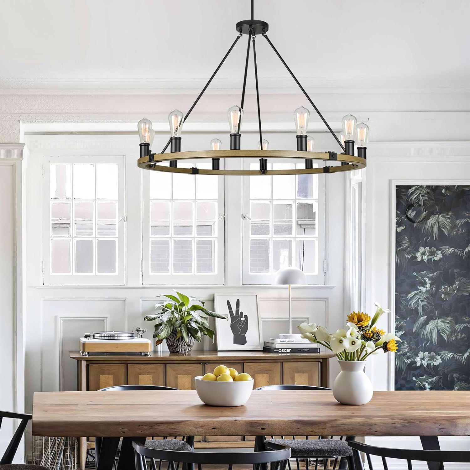 Kira Home Homestead 42" 12-Light Large Rustic Farmhouse Wagon Wheel Chandelier, Round Kitchen Island Light, Smoked Birch Finish