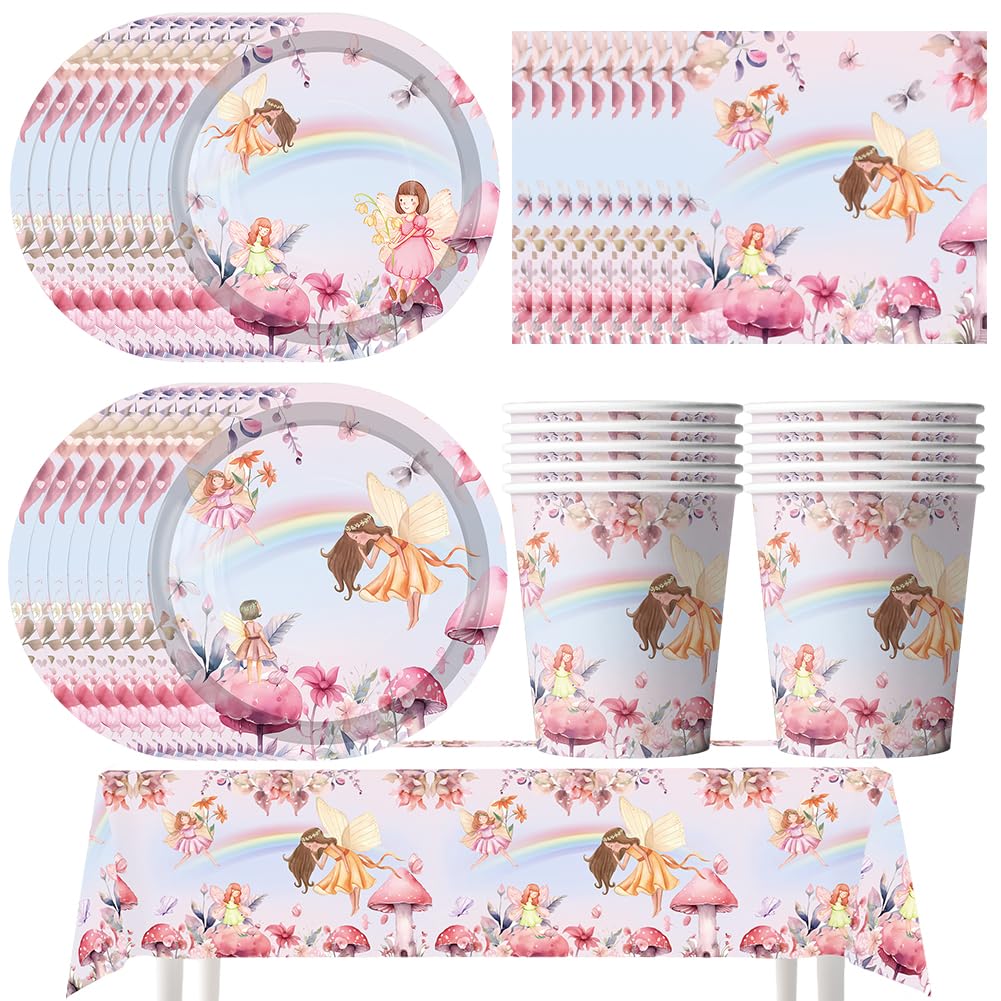 Assiettes en carton fleur de fée et gobelets pour vaisselle anniversaire