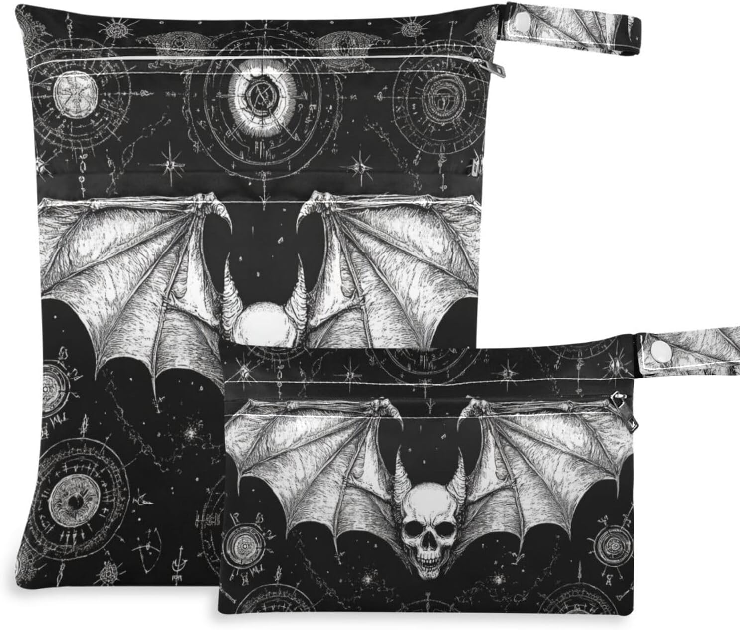 Evil Skull Black Gothic reusable bag for cloth 2 Pack wet bag for swimsuit with handles for baby diapers, yoga