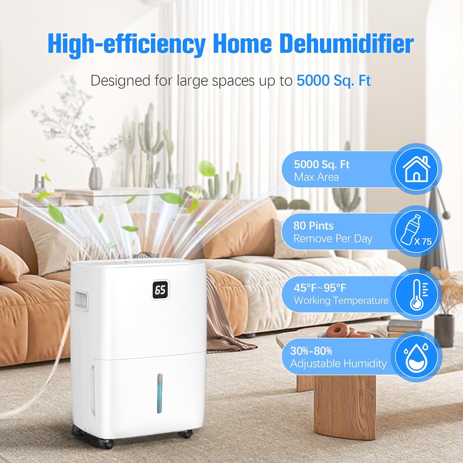 DEVERSE 80 Pints Energy Star Dehumidifier for Home/Bedroom/Basement, 5000 Sq.Ft Coverage, with Drain Hose, Smart Humidity Control & Large Tank