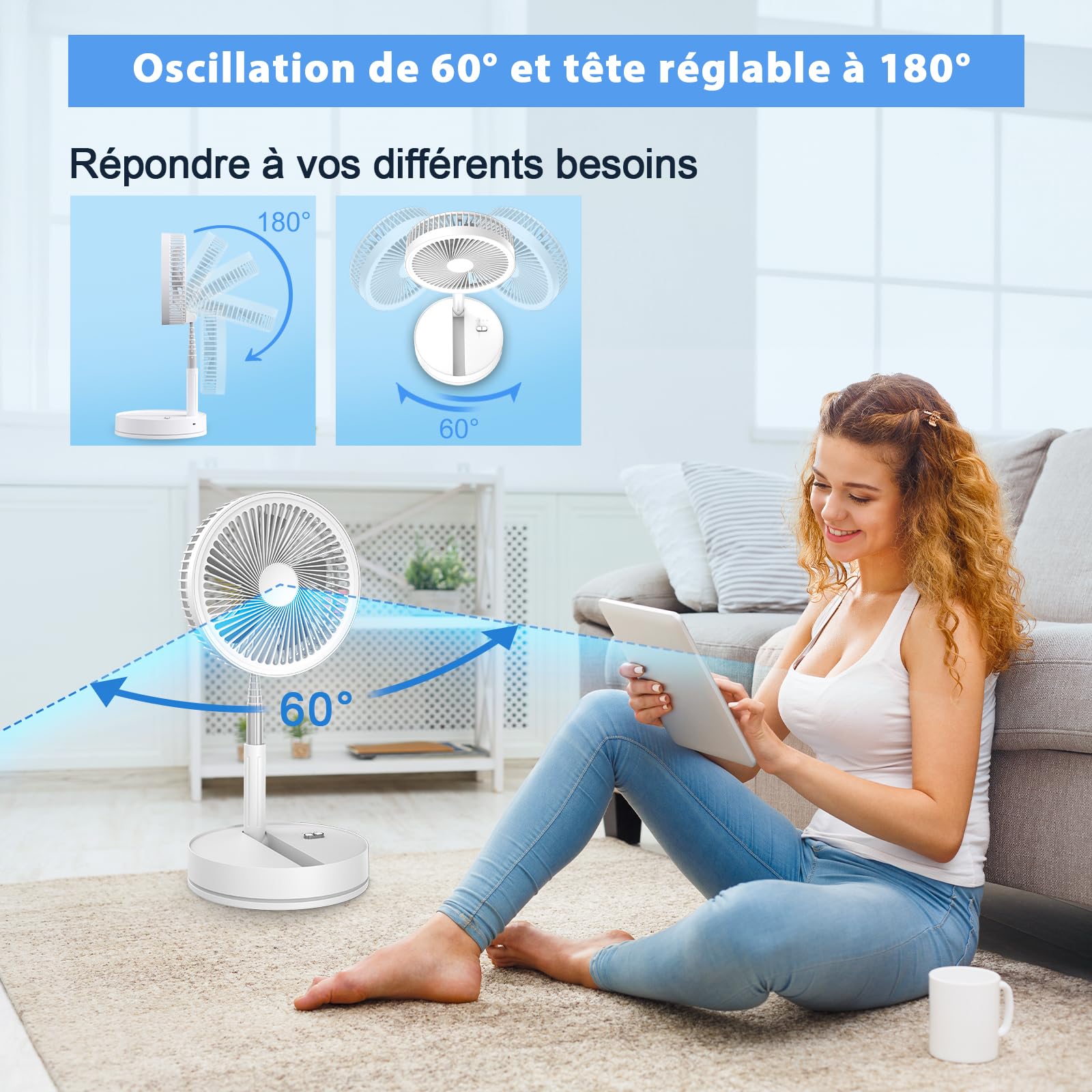 8 Zoll Faltbarer Ventilator mit Fernbedienung, 8000mAh Akku USB Standventilator, 22dB Leise Tischventilator Weiß