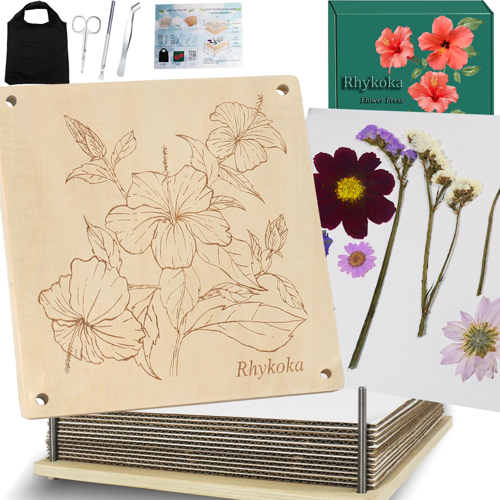 Extra Large Flower Press,10 Layers 11x11 inch (28x28cm) Wooden Flower Pressing Kit for Adults with Storage Bag, Gift for DIY Arts and Crafts Lovers (Wooden)