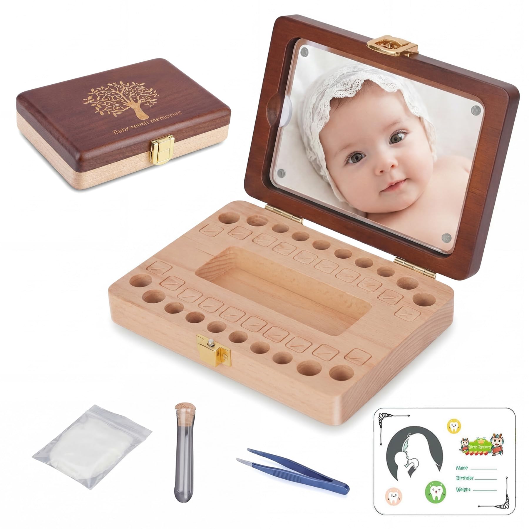 Boîte à dents de bébé en bois avec cadre photo et autocollants de suivi