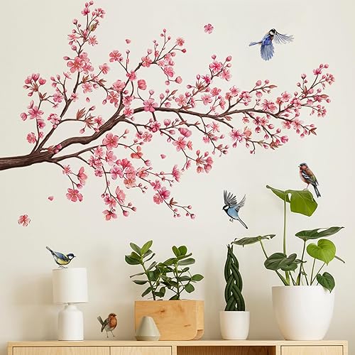 Miniatura 2 de Calcomanías de pared de árbol de flores rosadas, calcomanías de pared de pájaros en ramas, decoración de pared floral rosa, calcomanías de pared