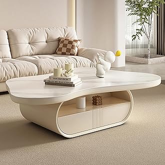 WestUx Cream White Live Edge Coffee Table, Cloud-Shape Coffee Table, Minimalist Display Center Table Living Room Low Side End Table for Sitting on The Floor,White,120CM