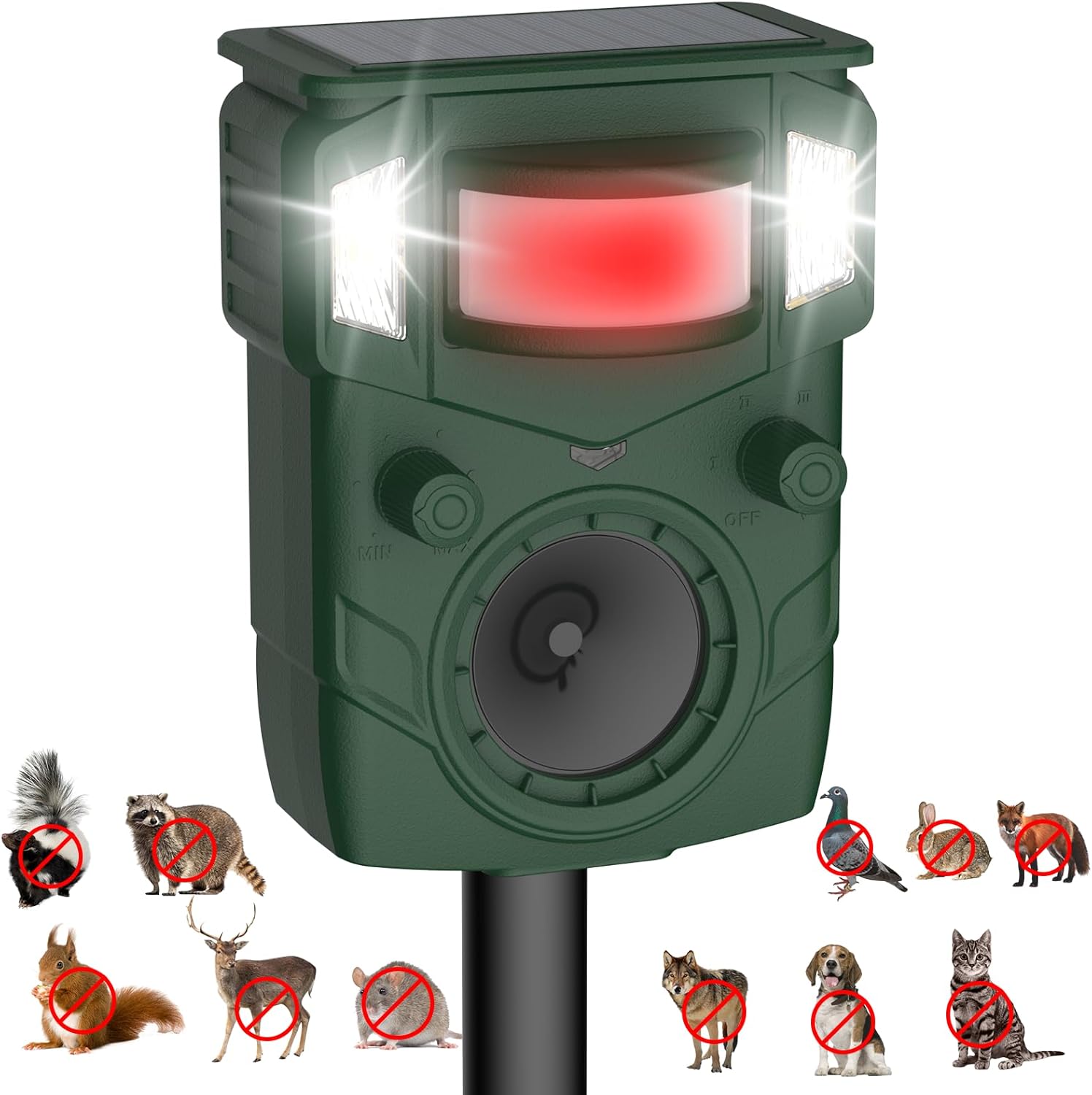 2025 upgraded solar ultrasonic animal repellent outdoor – motion activated deer, squirrel, cat, raccoon, dog & bird deterrent with multi-frequency led strobe & ultrasonic sweep for yard, garden, farm 1pc