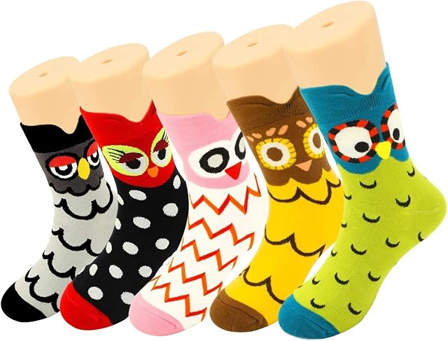SUNNY SOCKS 5 Pairs of Women Owl Socks - Cotton Owl Animal Funky Novelty Funny Socks | Thick Warm Crew Wool Socks | Soft & Cozy Hiking Boot Socks | Cute Animal Winter Socks