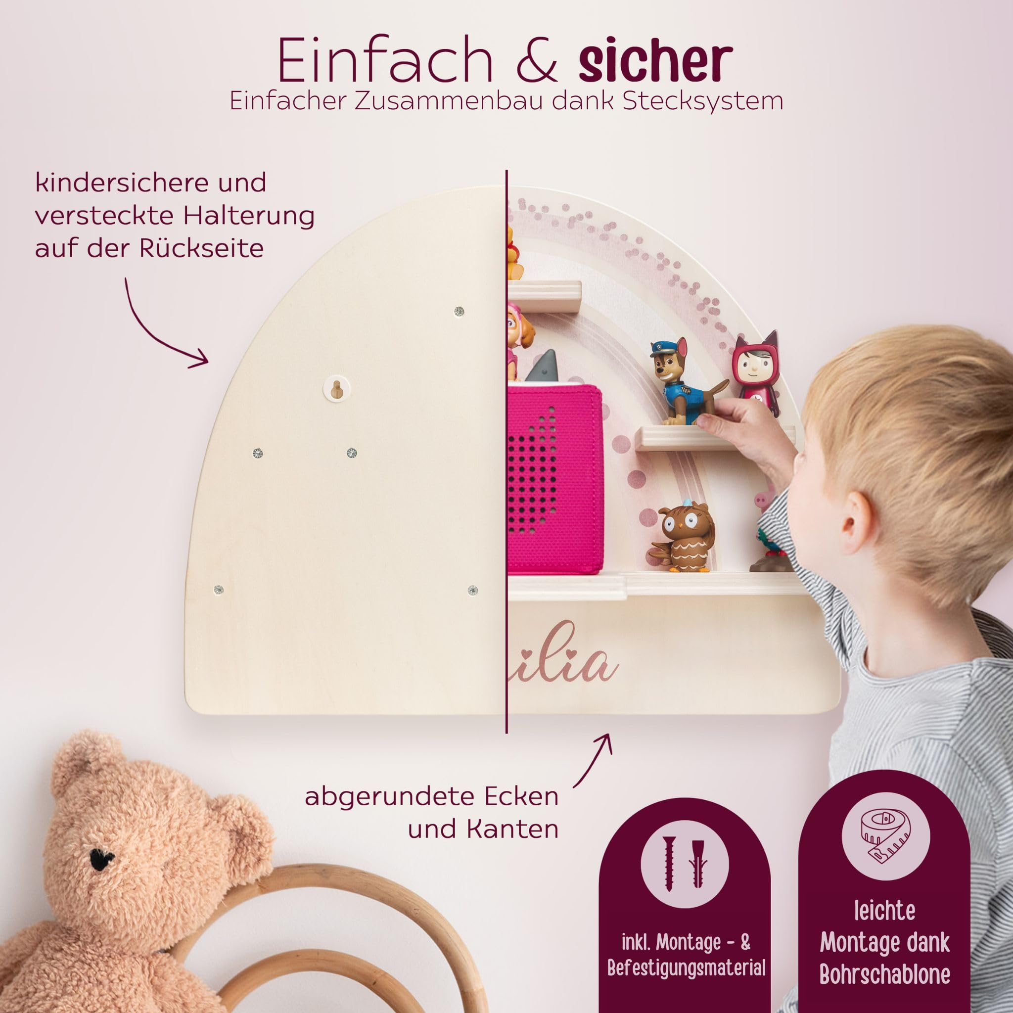 wunderwunsch personalisiertes Tonie Regal für Kinderzimmer - Magnetisches Toniebox Regal für Toniebox1 & 2 Plus Figuren mit abgerundeten Ecken & Kanten (Regenbogen rosa)