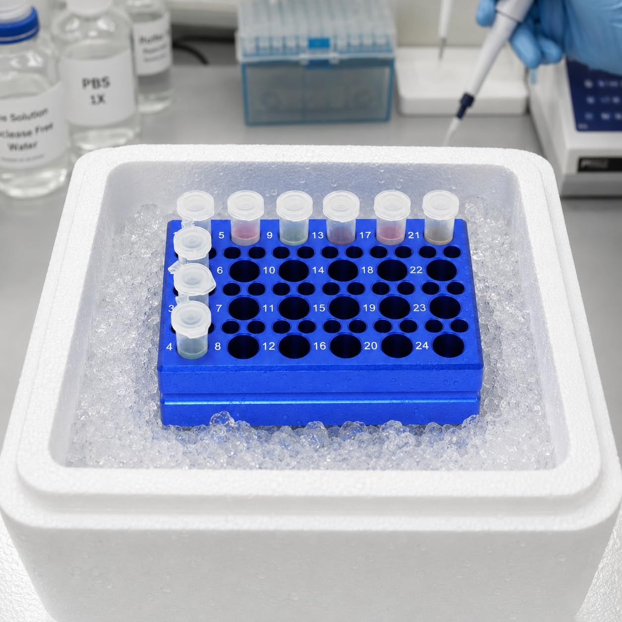 1 PCR Reagenzglasregal mit Aluminium-Kühlblock, 24 Vertiefungen für 1,5 ml/2 ml Tuben, 36 Vertiefungen für 0,2 ml PCR Tuben