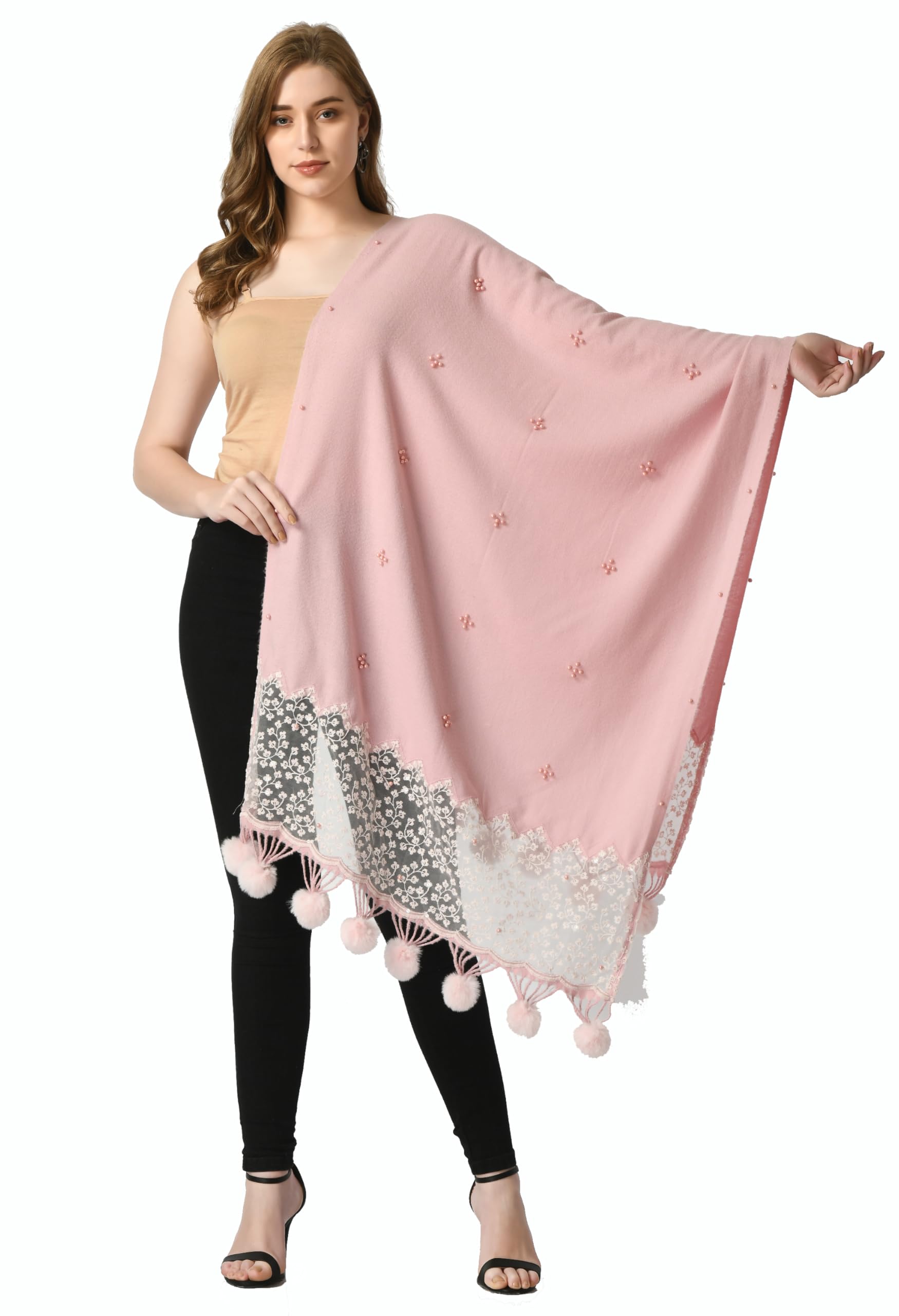 Women's Stylish Kashmiri Fine Wool Plain Stole with Embroidered Net Scarf/Shawl/Wrap for Winter-image-26