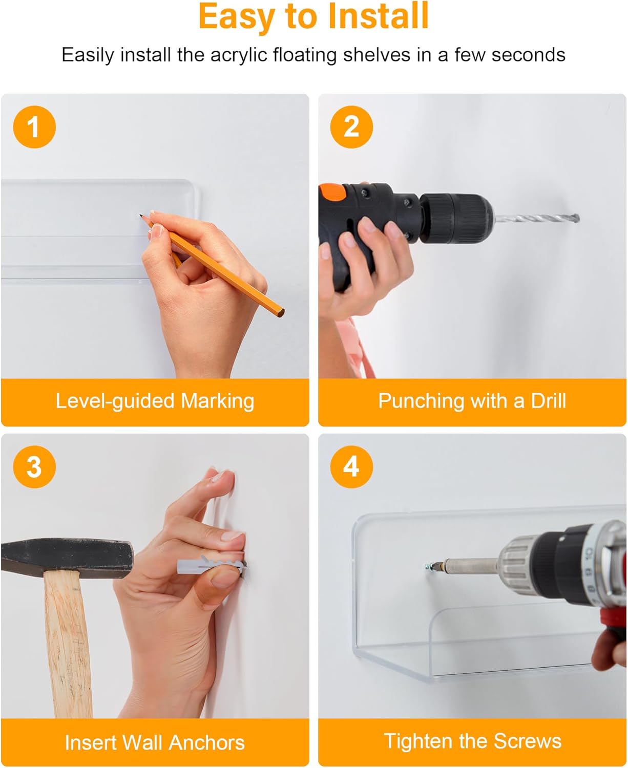 4 Pack Floating Shelves for Storage, 15" Bathroom Wall Shelves, Acrylic Shelves for Room Decor, Bedroom, Kitchen, Living Room, Clear