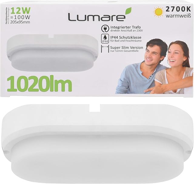 Lumare LED Ceiling Light | Oval Extra Flat Modern Ceiling Lamp | 230V, 12W, IP44 Splash-Proof, Super Bright 1020 Lumens Surface Mounted Cellar Lamp | Warm White 2700K