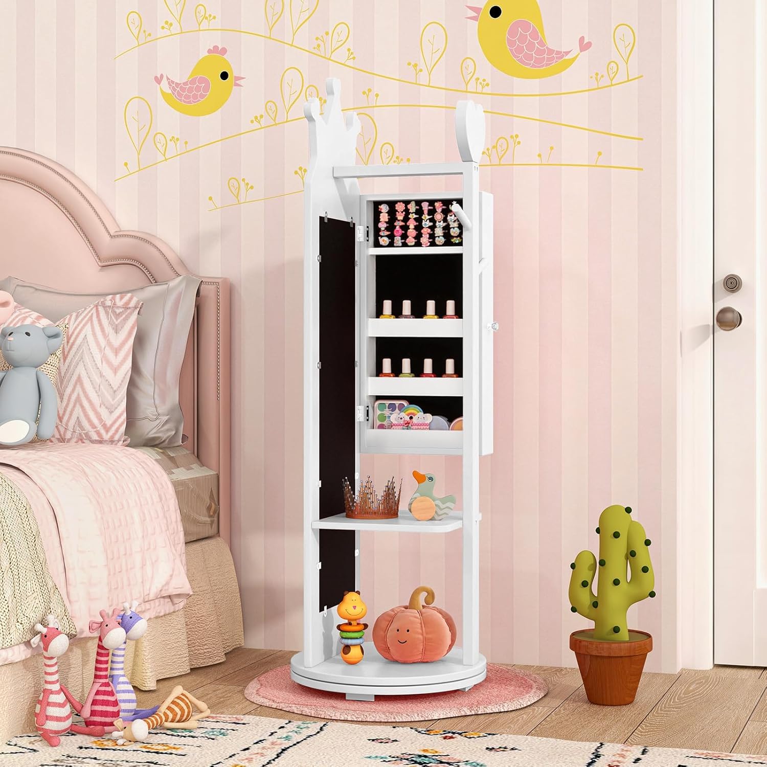FANTASK Armario para joyas infantil giratorio 360°, armario con espejo 4 en 1 con espejo de cuerpo entero y perchero, organizador de joyas para niñas en blanco, soporte para joyas para niños a partir