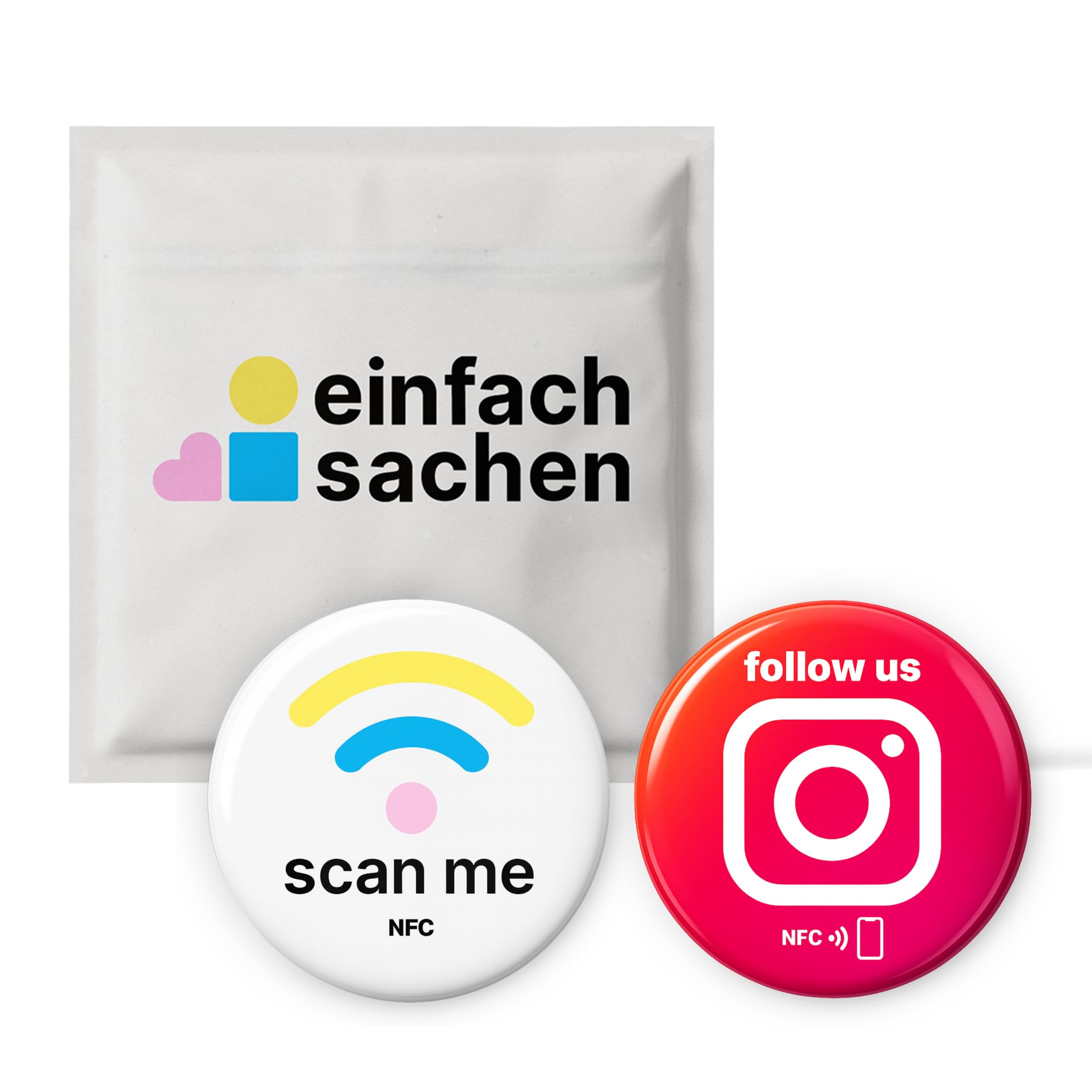Mix Set: 1x Scan Me & 1x NFC Sticker for Instagram - Smart Link Tags for Profile Sharing, Websites, Digital Cards & More - Rewritable - 3 cm Diameter