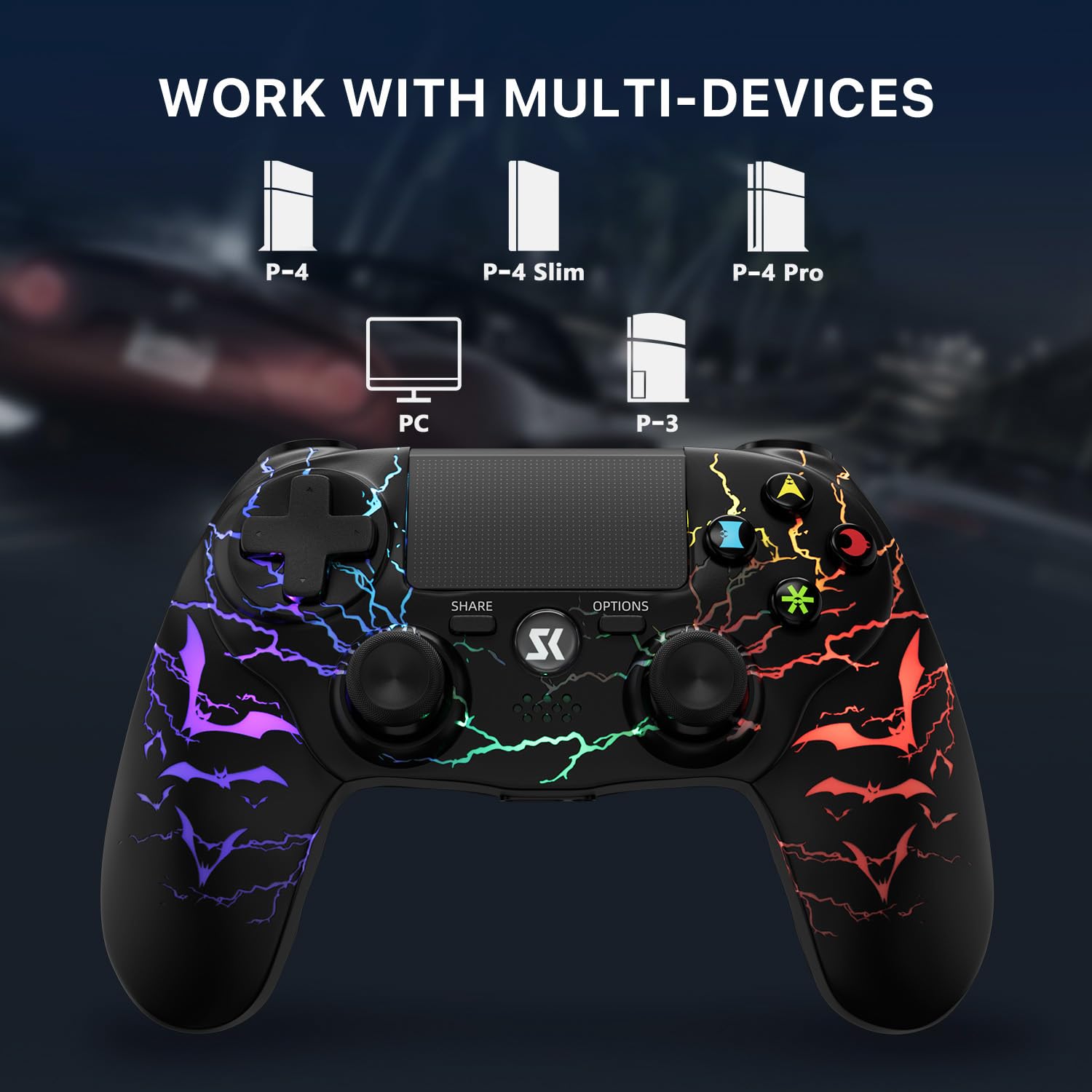 Kujian Wireless Controller for PS4 with RGB LED Modes, Gaming Remote with 1000mAh Battery/Dual Shock/6-Axis Gyro/3.5mm Audio Jack/Speaker, Gaming Controller for Playstation 4/PS3(Black) - Image 2
