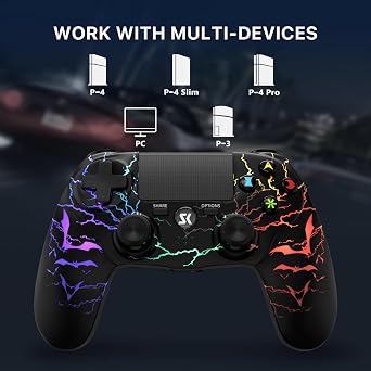 Kujian Wireless Controller for PS4 with RGB LED Modes, Gaming Remote with 1000mAh Battery/Dual Shock/6-Axis Gyro/3.5mm Audio Jack/Speaker, Gaming Controller for Playstation 4/PS3(Black)