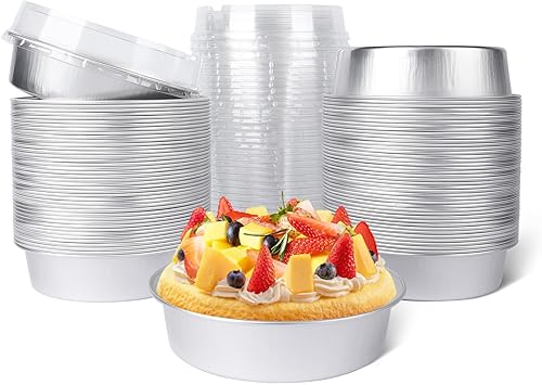 Vista 278 de Beasea Latas desechables para tartas de 4 pulgadas, paquete de 50 mini sartenes con tapas, molde de aluminio dorado de 8 onzas, moldes para tartas