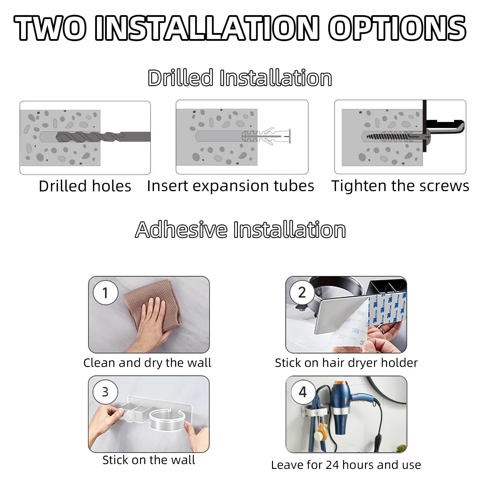 Soporte para secador de pelo, secador de pelo montado en la pared y soporte para alisador, organizador de herramientas adhesivas para el cuidado del cabello para baño, soporte de aluminio para