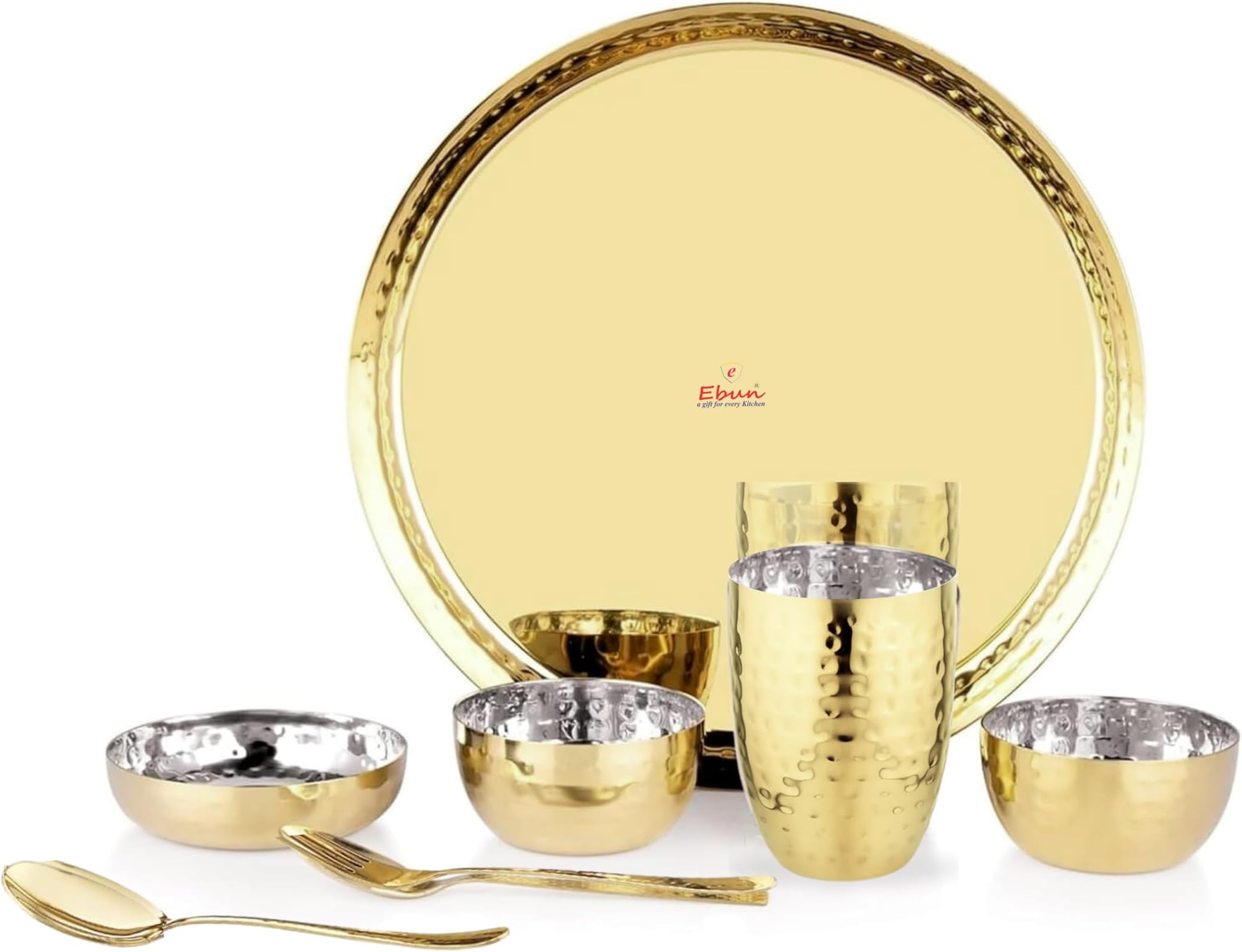 Ebun Heavy Gauge Stainless Steel Dinner Set | Gold PVD Plated Steel Thali Set | Stainless Steel Dinner Set for Kitchen | Thali Set for Dinner | Pack of 1 | 7 Pieces | 2 Side Gold PVD Plated Thali