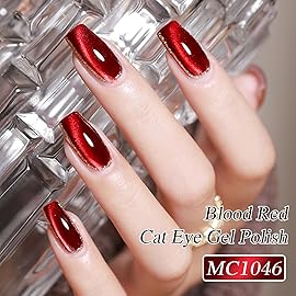 Double Rhythm 0.5 OZ Cat Eye Gel Polish with Magnet 15ML Holographic Glitter Shimmer Translucent Jelly Color Magnetic Nail Polish Salon DIY at Home (Blood Red-MC1046)