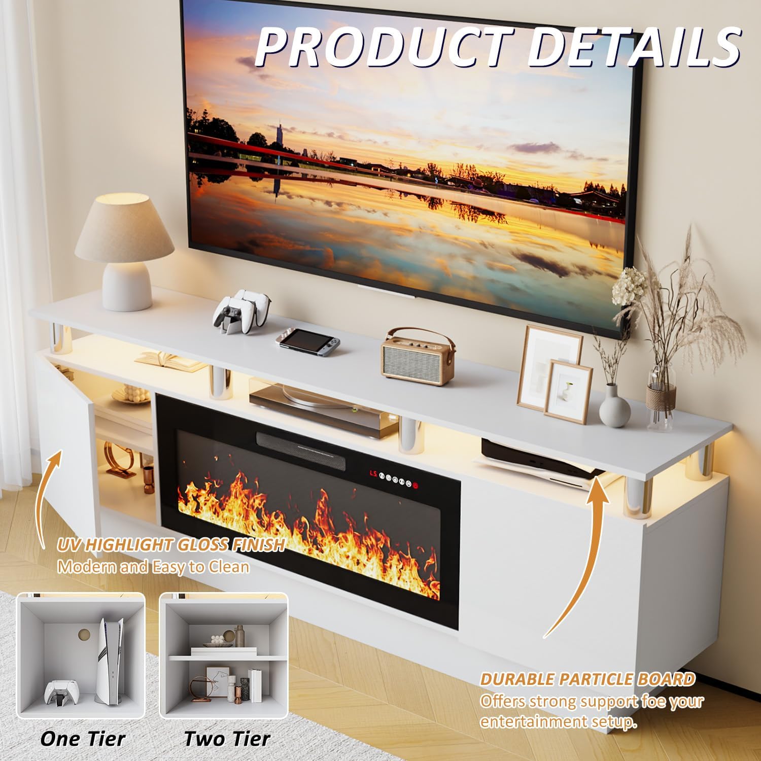 Detailed view of the TV stand showing UV highlight gloss finish, durable particle board, and options for one-tier or two-tier storage inside cabinets.