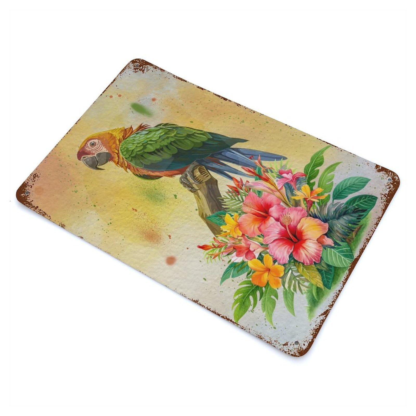 Watercolor Parrot with Tropical Flowers Rusty Metal Tin Sign 11.8"x7.9", Rustic Home Decor for Living Room, Hallway And Home Decor