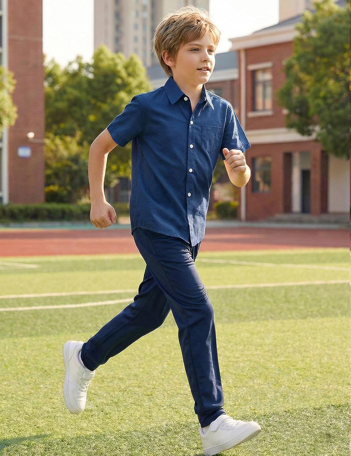 Spring&Gege Boys Cotton Dress Shirt Button Down Kids Short Sleeve Uniform Solid (2-14 Years) - Image 3