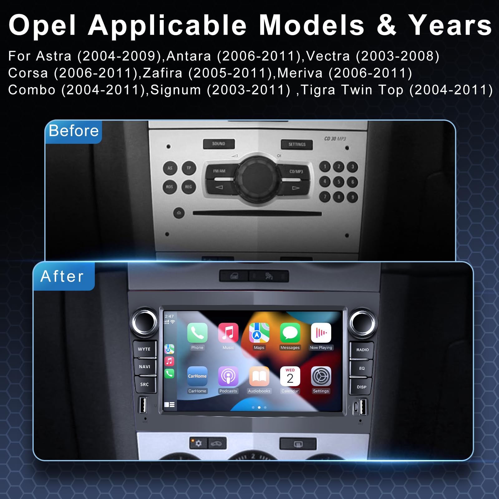 Autoradio per Opel Corsa D/Astra/Zafira/Meriva/Combo con Android Auto e CarPlay Wireless, Bluetooth Car Radio Stereo con Telecamera Retromarcia/Mic/Canbus/App Store/Porta USB(Nero) 2G+32G