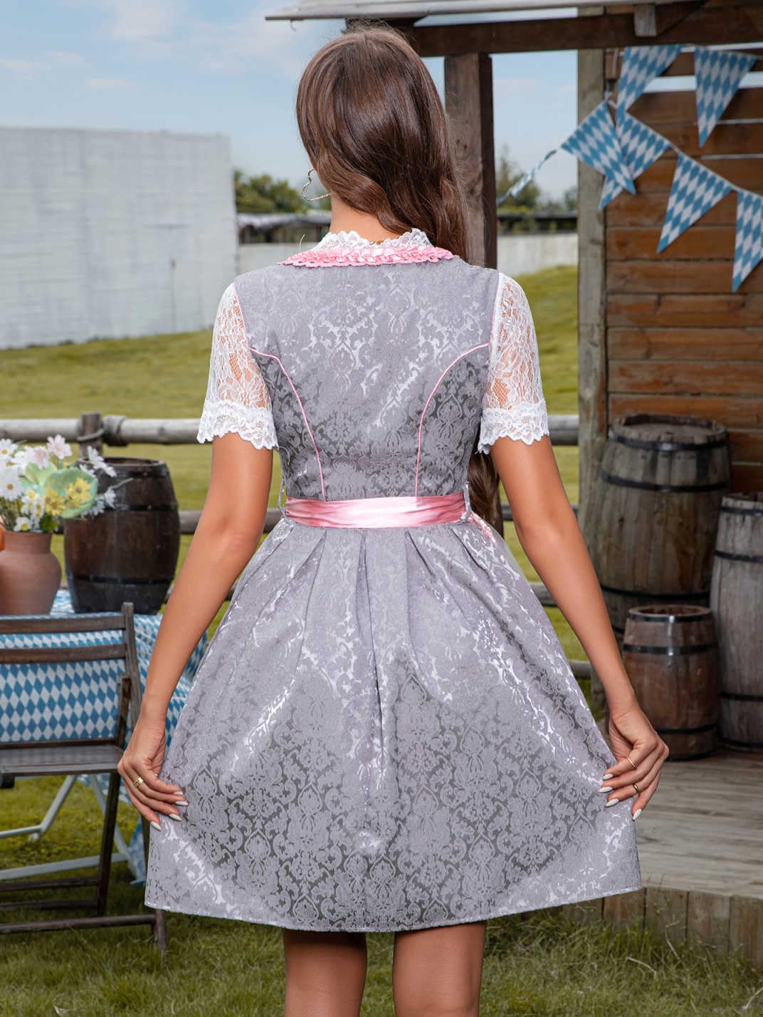 PLWEDDING Dirndl für Damen Damen Midi Trachtenkleid Dirndl Spitzenschürze und Bluse für Oktoberfest Besondere Anlässe