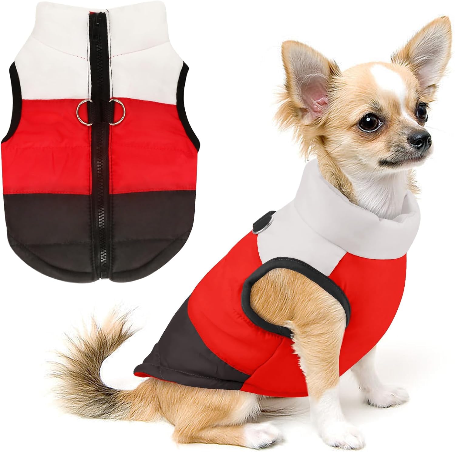 Idepet Pet Dog Cat Coat with Leash Anchor Color Patchwork Padded Puppy Vest Jacket Teddy Chihuahua Costumes Pug Cloth XS S M L(XX-Large,Black)