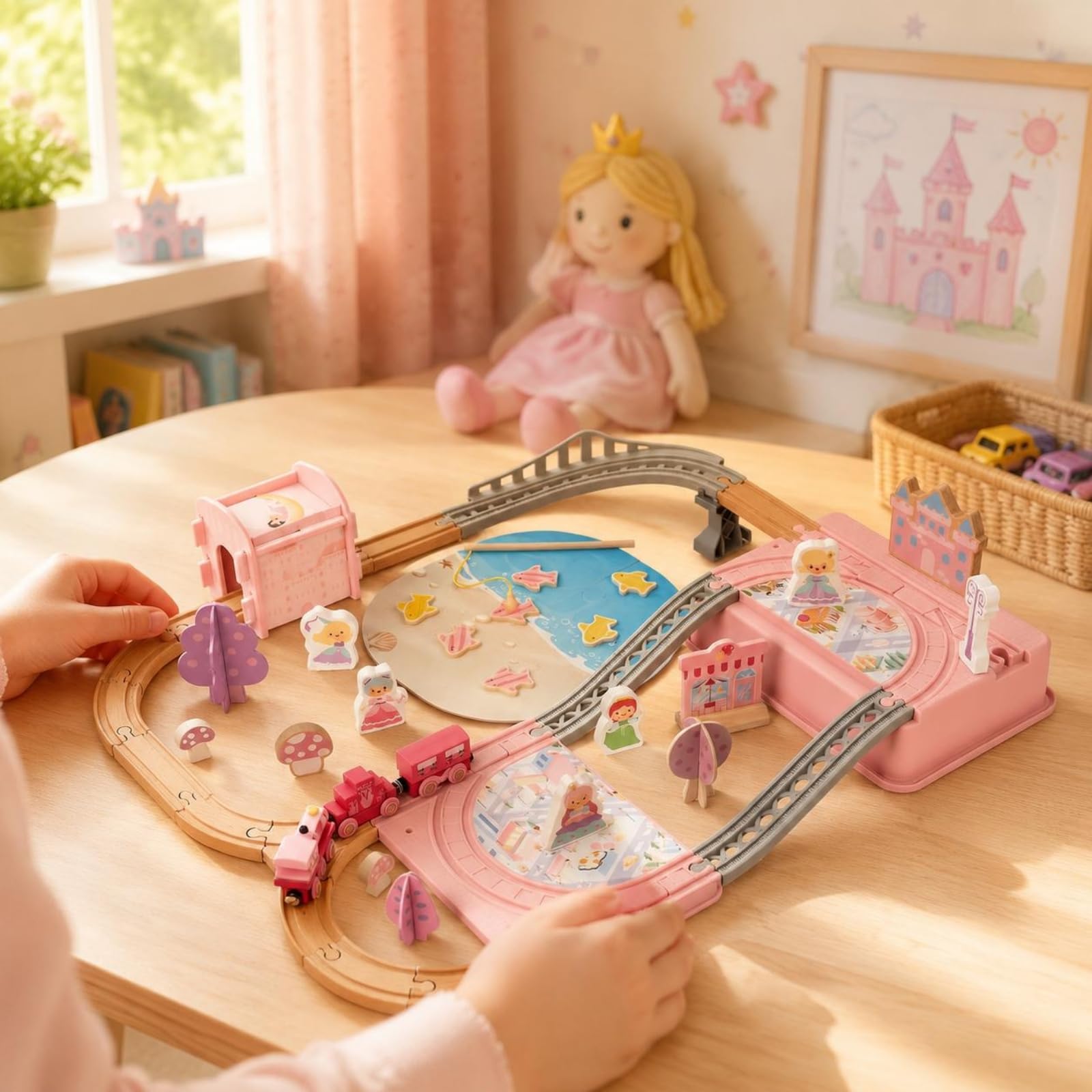Kinder Aufbaustrecke Holz Eisenbahnset Spielbahn Kinderzug Spielset Holzstrecke Zum Zusammenstecken mit Brückenabschnitten Und Märchenszene für Freies