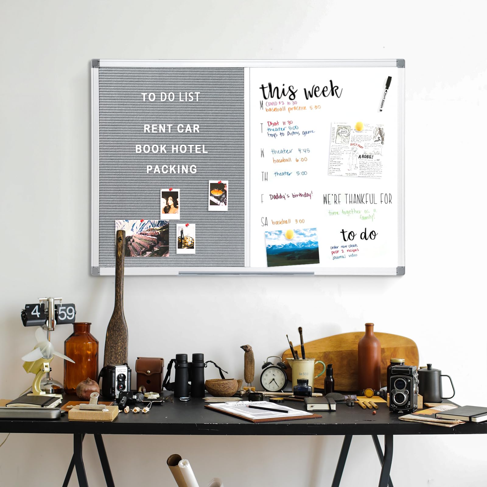 MAKELLO Magnetisches Whiteboard mit Pinnwand Buchstaben Tafel mit Aluminiumrahmen, Kombitafel für Küche, Wohnung und Büro 90x60cm