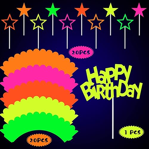 Miniatura 5 de 41 piezas de decoración de fiesta de cumpleaños de neón brillante, incluye decoración amarilla para pastel de feliz cumpleaños, envoltorios de