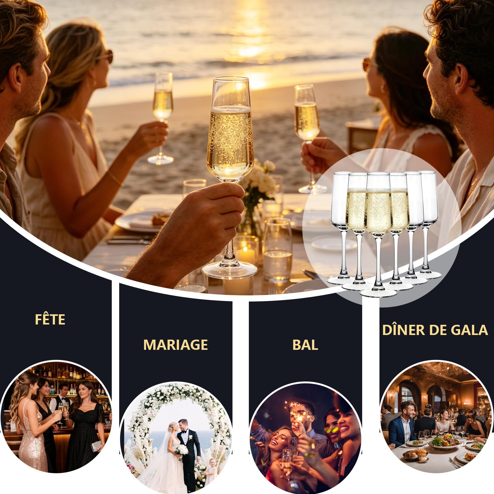 Lot de 6 flûtes à champagne élégantes de 224 g pour mariages, anniversaires et anniversaires de mariage, verres transparents parfaits pour les célébrations et les occasions spéciales