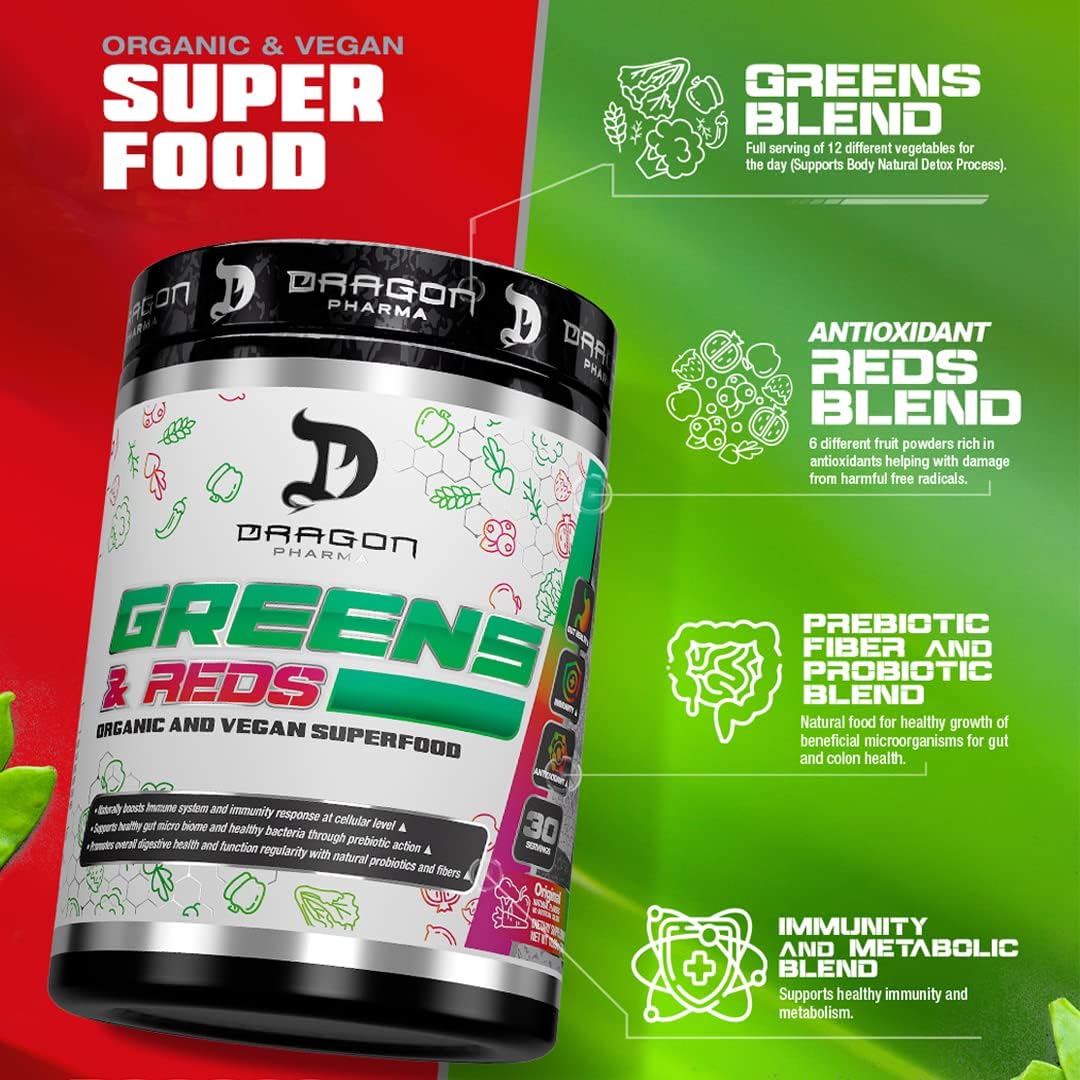 DRAGON PHARMA Greens and Reds, Over 23 Nutritious Superfoods, Reds and Vegetables, Optimal Health and Wellness (30 Servings, Original)