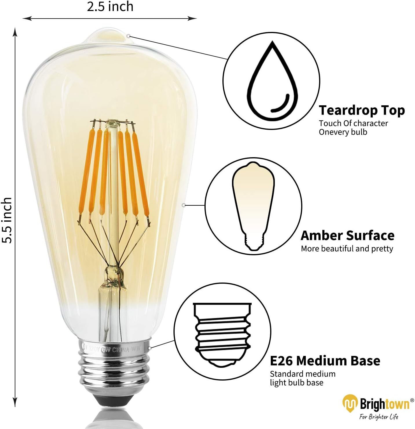 Brightown LED Light Bulbs 6 Packs, 60 Watt Equivalent, Dimmable Edison Light Bulb 6W E26 Base Vintage Led Bulbs, Amber Bulbs Warm White Light