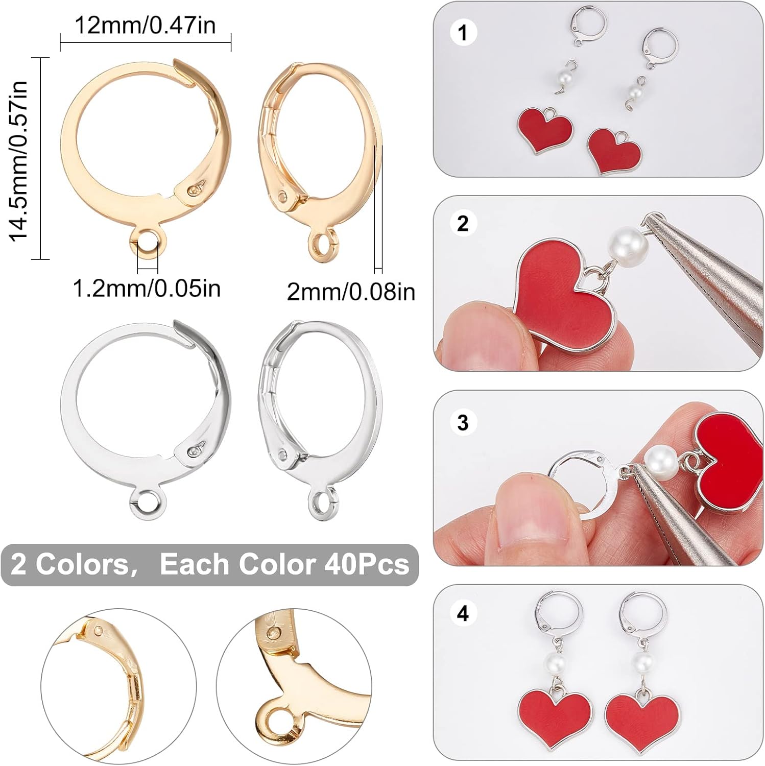 SUNNYCLUE 1 Box 80Pcs 40 Pairs Leverback Earring Hooks Real 18K Gold Plated Stainless Steel Round Lever Back Clasp Huggie Hoop French Ear Wire Leverbacks Hook for Jewelry Making Earrings Findings