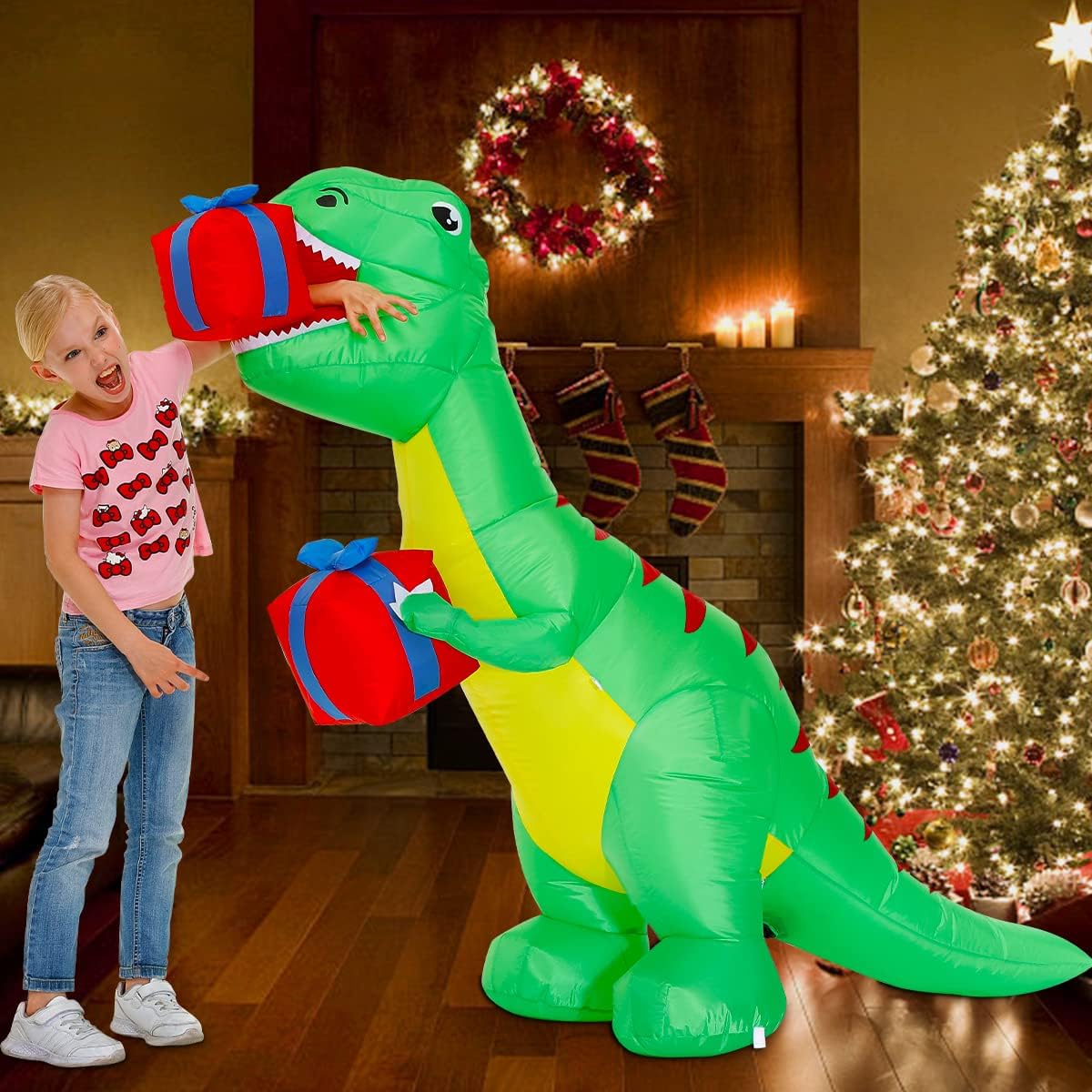 Hacosoon 5FT Christmas Inflatable Dinosaur Indoor/Outdoor Inflatable