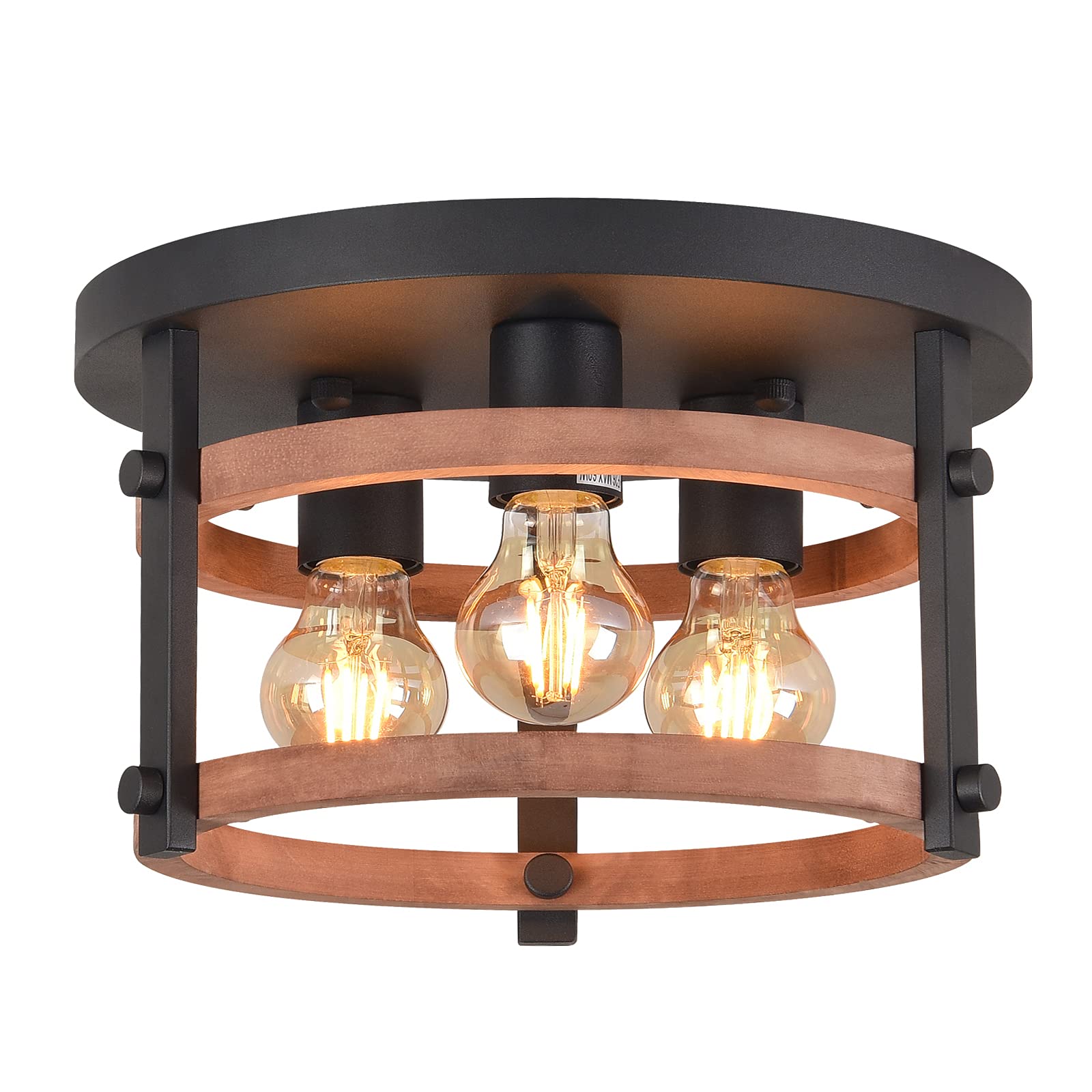 3-Light Flush Mount Ceiling Light Fixture Rustic Black Metal Ceiling Lights Oak Wood and with E26 Farmhouse Ceiling Lamp for Kitchen Island Bedroom Dining Room Bathroom Entrance
