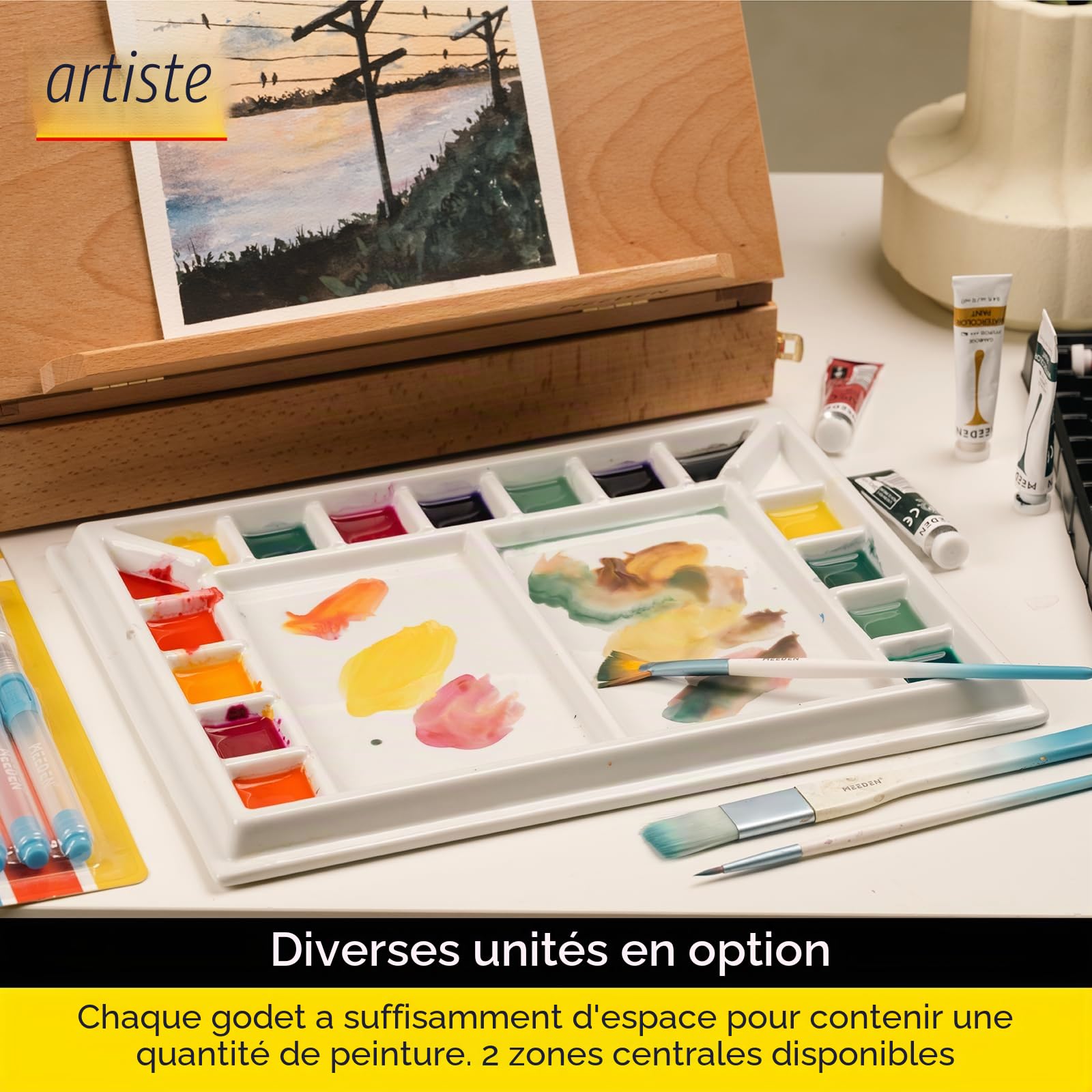 MEEDEN Artist Studio Palette de Peinture Aquarelle en Porcelaine, 33 x 25,4 cm (13 x 10 pouces), Plateau de Mélange en Céramique pour Aquarelle, Gouache, 17 Emplacements